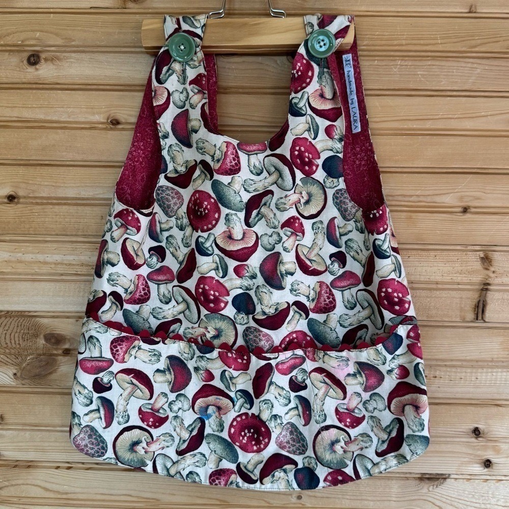 Handmade Smock Apron Mushroom Pattern 2T Maroon Cottage Grandma Art Apron